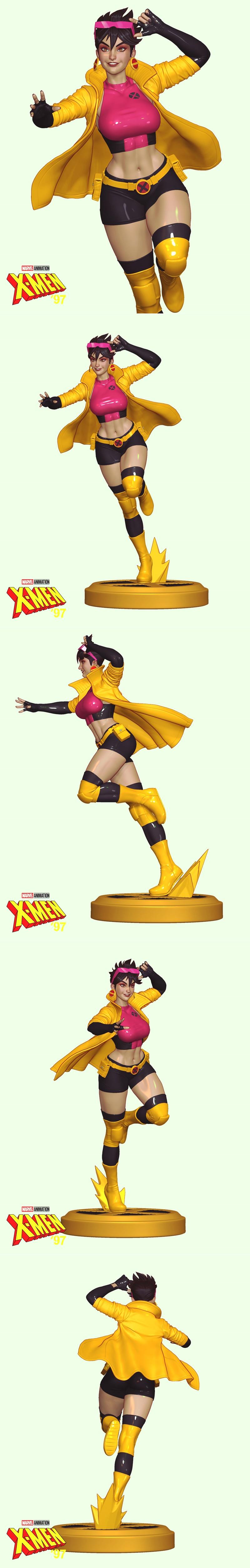 3D model of Jubilee from X-Men '97, wearing a yellow coat, pink top, and black shorts, in a dynamic running pose on a...