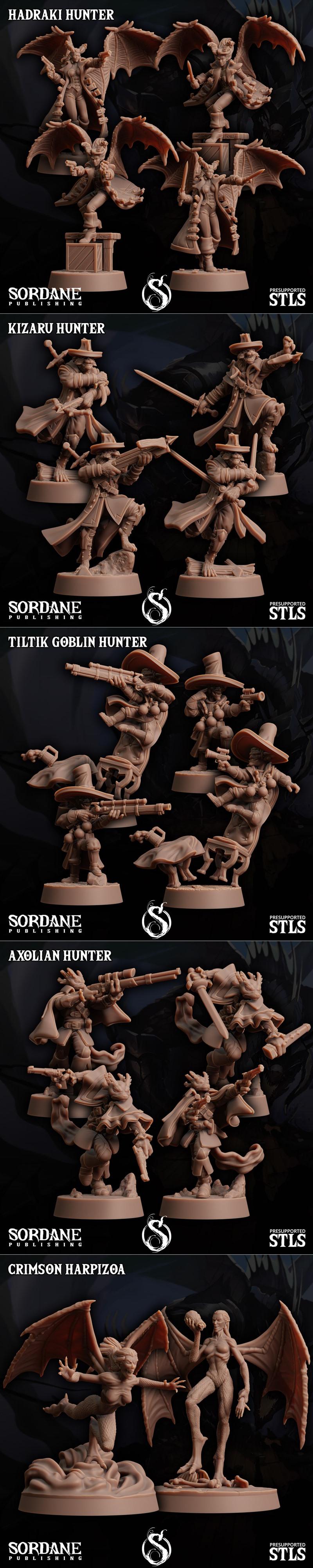 Collection of fantasy 3D printable figures: winged hunters, goblins with hats and guns, axolian warriors with rifles,...