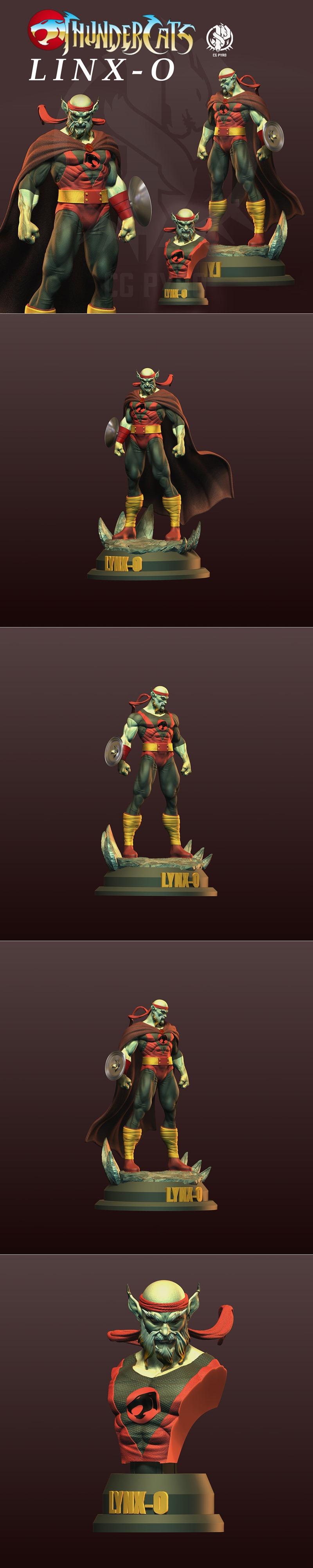Full-body 3D model of Linx-O from Thundercats, wearing a red and black suit with a brown cape and holding a shield. A...