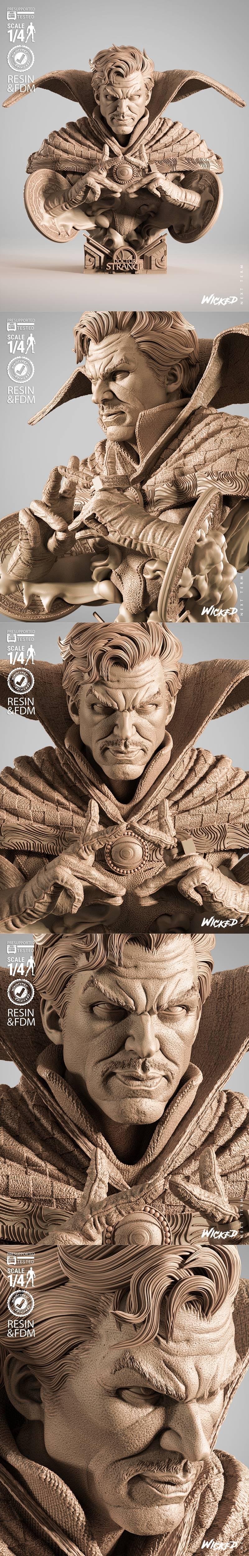 WICKED 1/4 scale Doctor Strange portrait bust, detailed sculpting of face, mustache, flowing hair, textured cape, and...