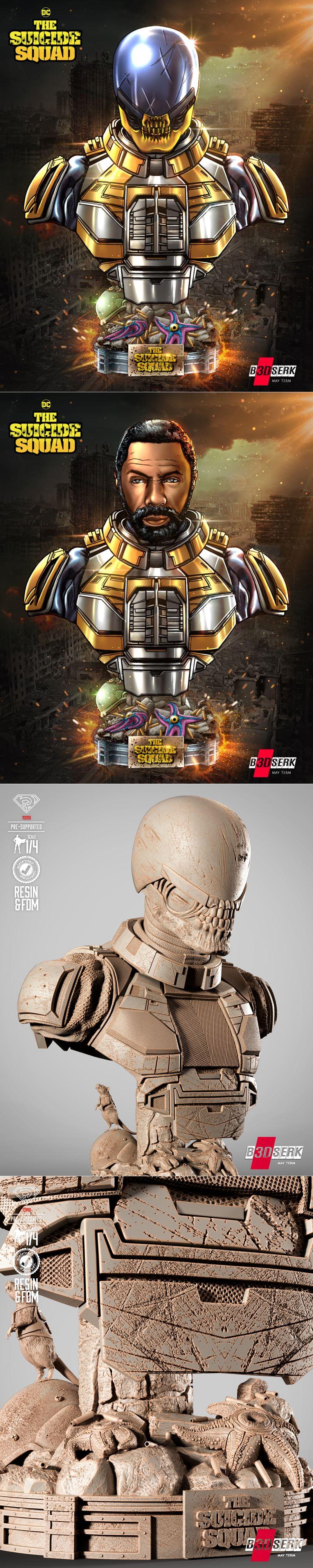 B3DSERK 3D printable bust of Bloodsport from The Suicide Squad, featuring detailed armor and helmet, with thematic ba...