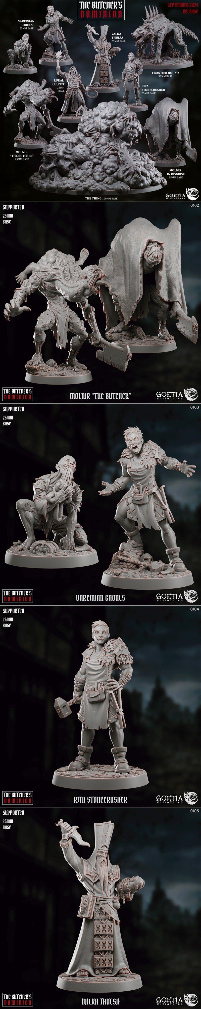 Collection of dark fantasy 3D printable miniatures from Goetia Miniatures, featuring monsters like 'The Butcher' and...
