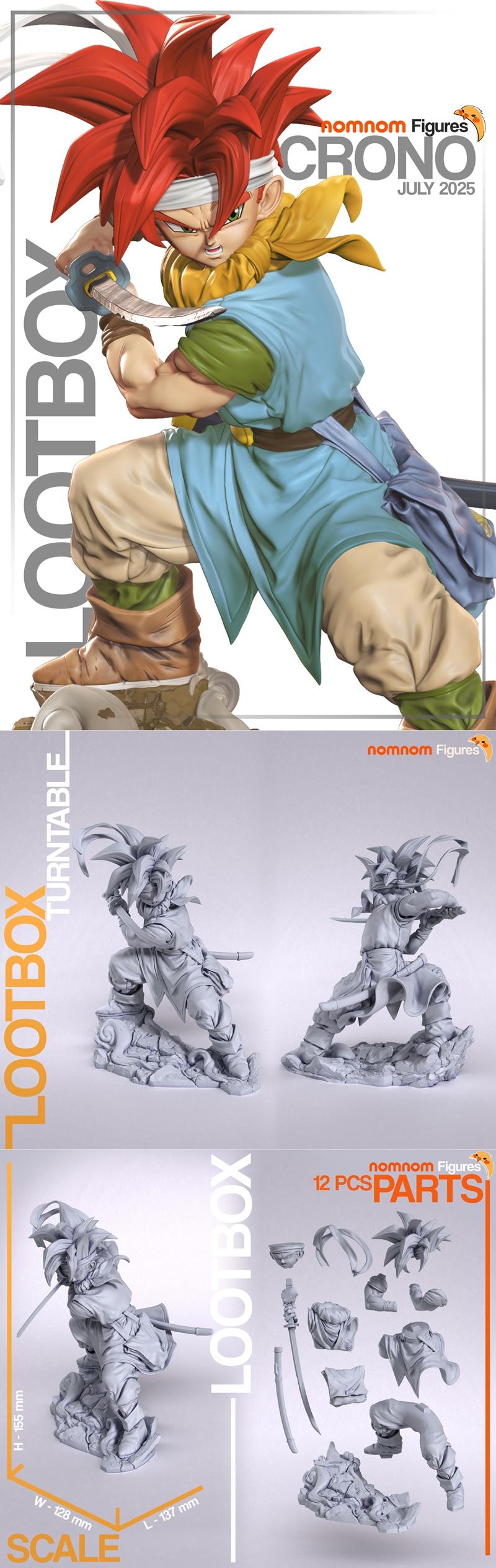 3D model of Crono from Chrono Trigger in a dynamic sword-wielding pose, with detailed clothing and rocky base. Multi-...