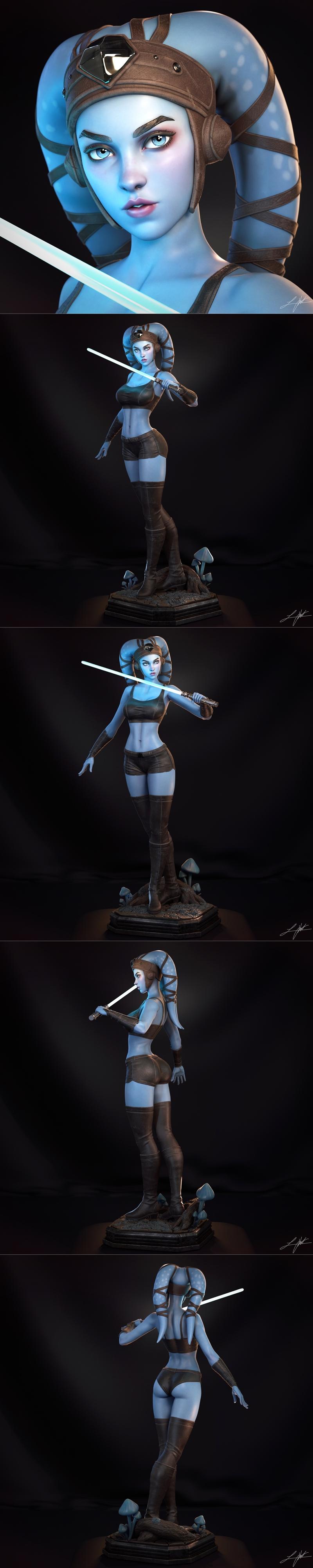 Aayla Secura 3D model, Twi'lek Jedi with blue skin, holding a blue lightsaber, wearing a crop top, shorts, and thigh-...