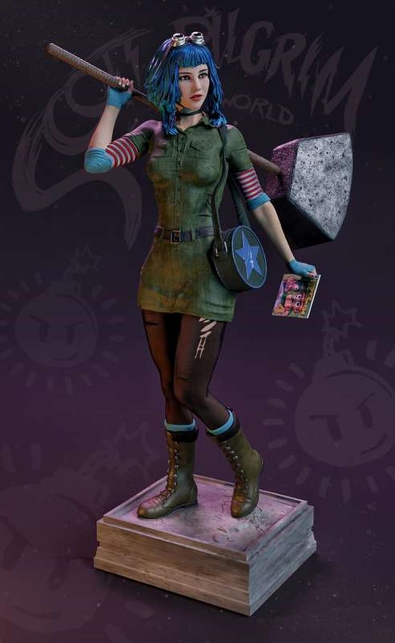 Ramona Flowers 3D model with blue hair, goggles, green dress, striped arm warmers, and hammer, holding a comic book.