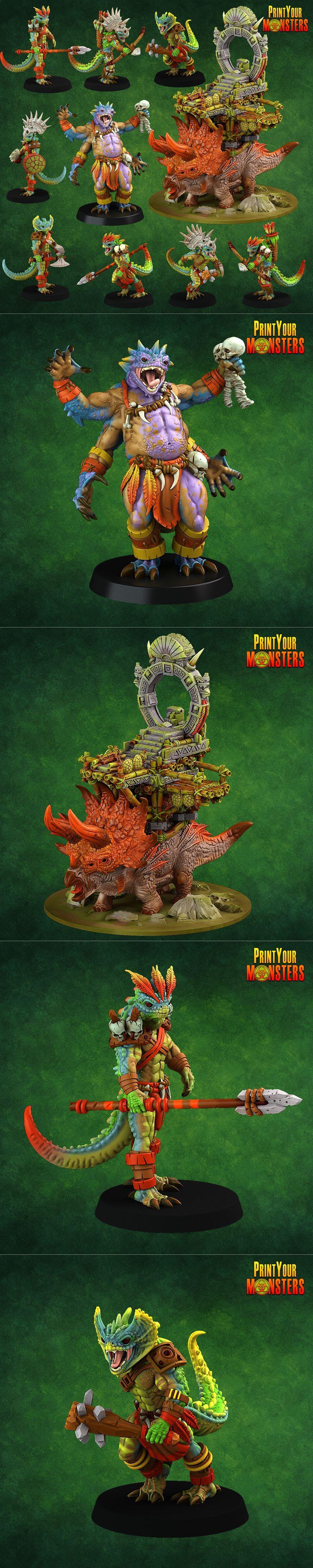 Collection of fantasy lizardmen 3D printable figures, including a large central figure, smaller warriors with spears,...