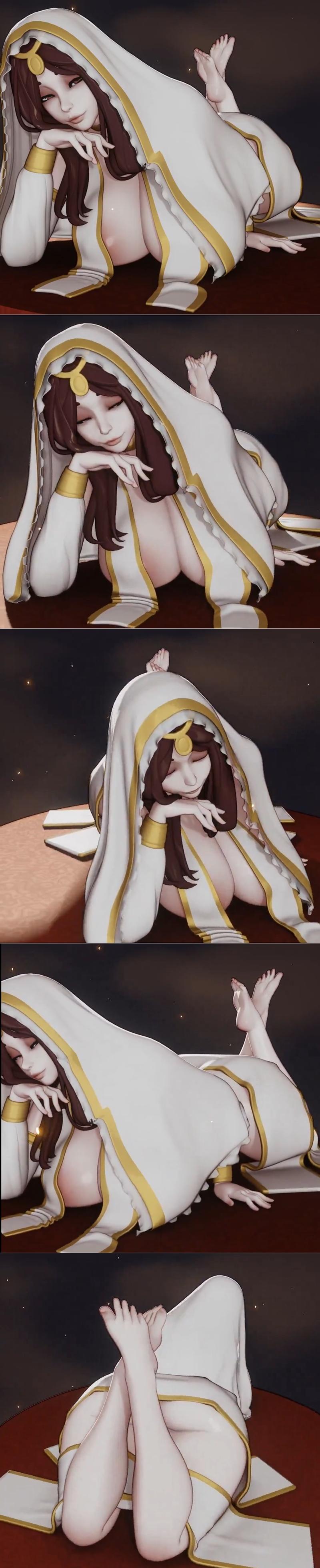 Stylized anime figure of Gwynevere reclining, wearing a revealing white and gold robe, with bare feet crossed.