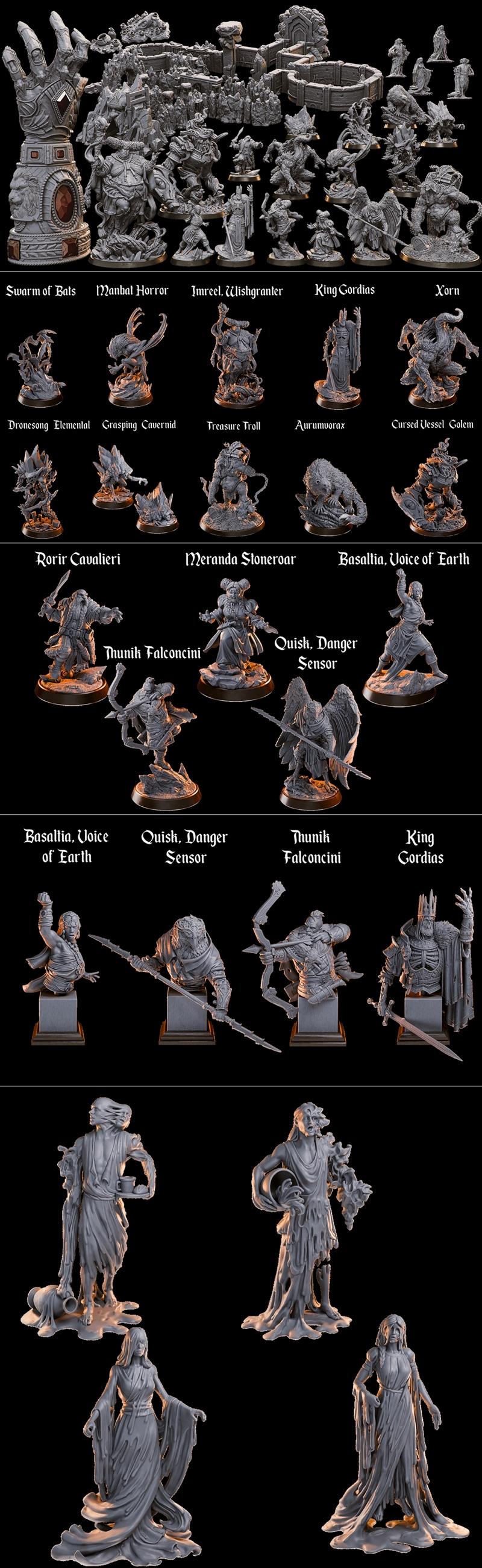 Collection of fantasy 3D printable miniatures including monsters, warriors, and busts. Features include a giant hand,...