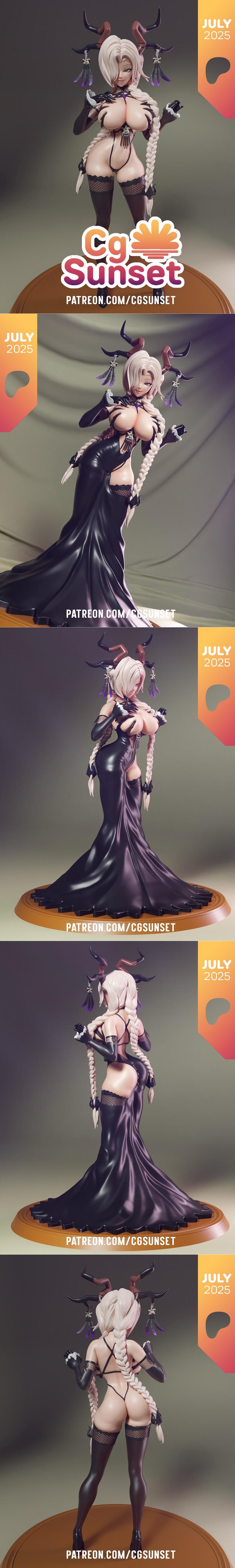 Female figure with white hair, horns, and a black lingerie set with a flowing black gown. The model is posed provocat...