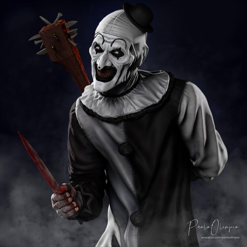 Art the Clown from Terrifier holding a bloody knife and a nail-studded mallet, wearing a clown costume and hat.