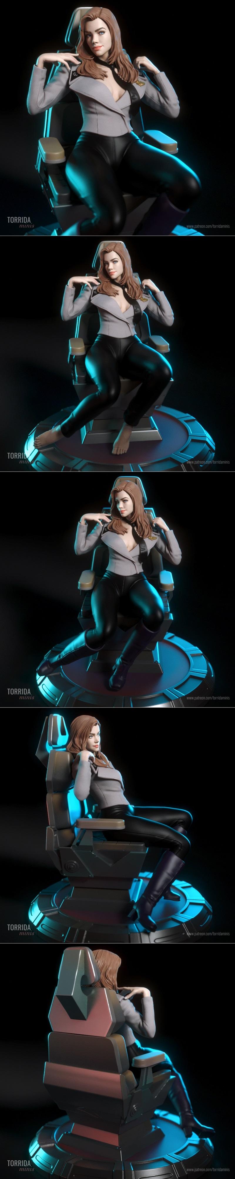Carmen Ibanez figure seated in a futuristic chair, wearing a grey jacket and black leather pants, with detailed hair...