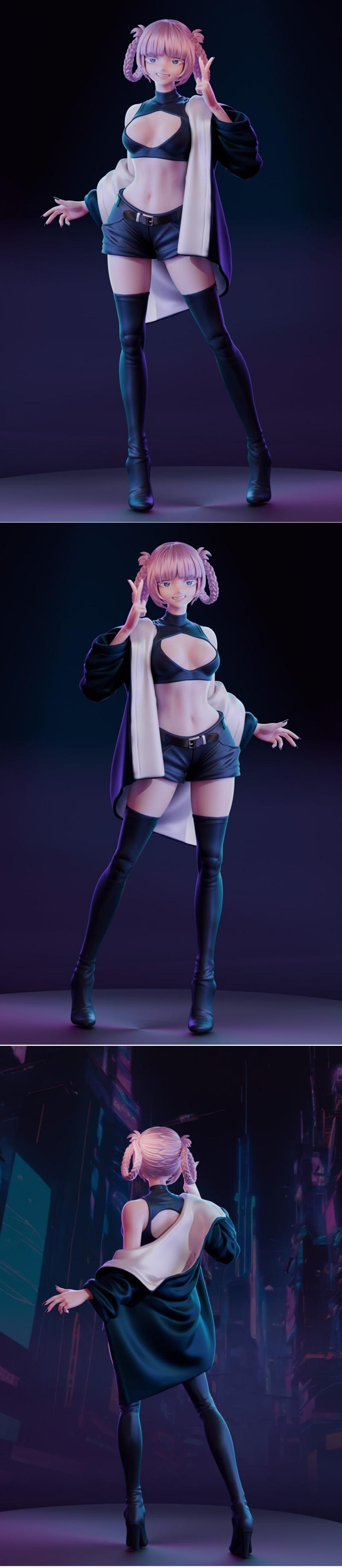 3D model of Nazuna Nanakusa from Call of the Night, wearing a crop top, shorts, and thigh-high boots, striking a pose.