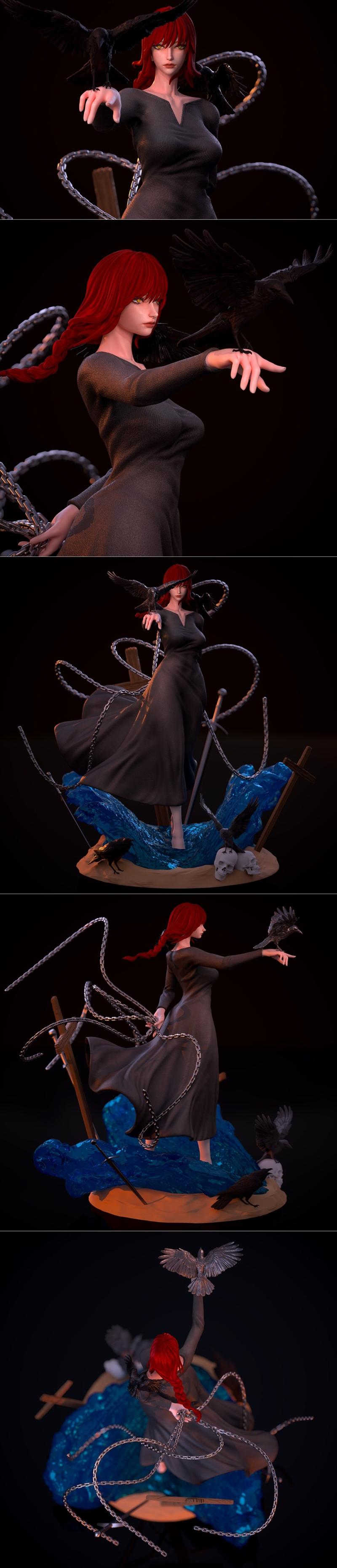 Makima 3D figure with red hair, dark dress, surrounded by chains, crows, a sword, and skulls on a blue water base. Sc...