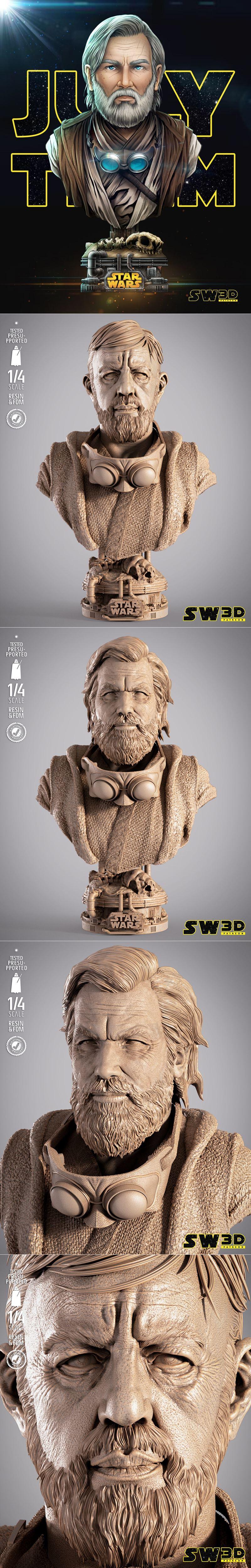 1/4 scale 3D printable bust of Old Ben Kenobi from Star Wars, featuring detailed facial sculpt, beard, and goggles. S...