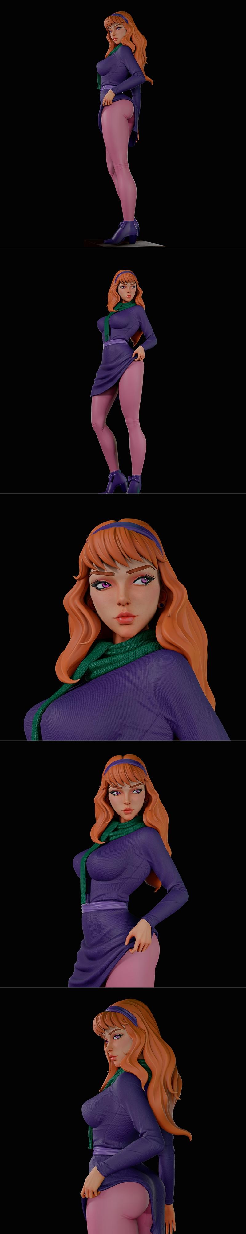 3D model of Daphne from Scooby-Doo, lifting her purple dress to show pink tights, wearing a green scarf and purple bo...