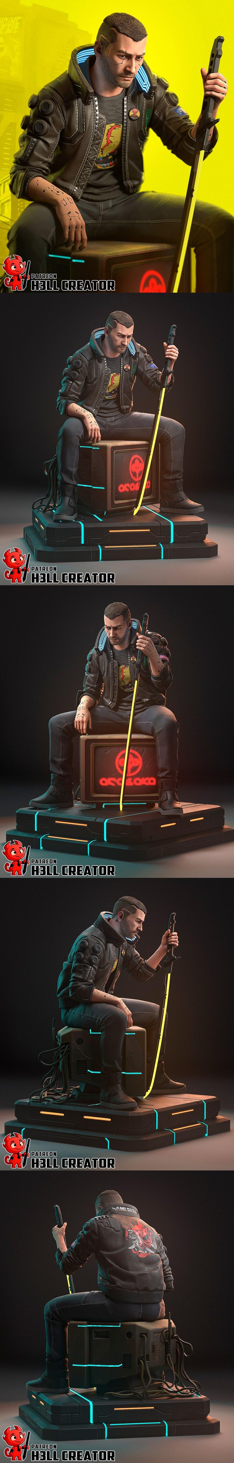 3D model of Male V from Cyberpunk 2077 sitting on a crate, holding a glowing katana. He wears a leather jacket and je...