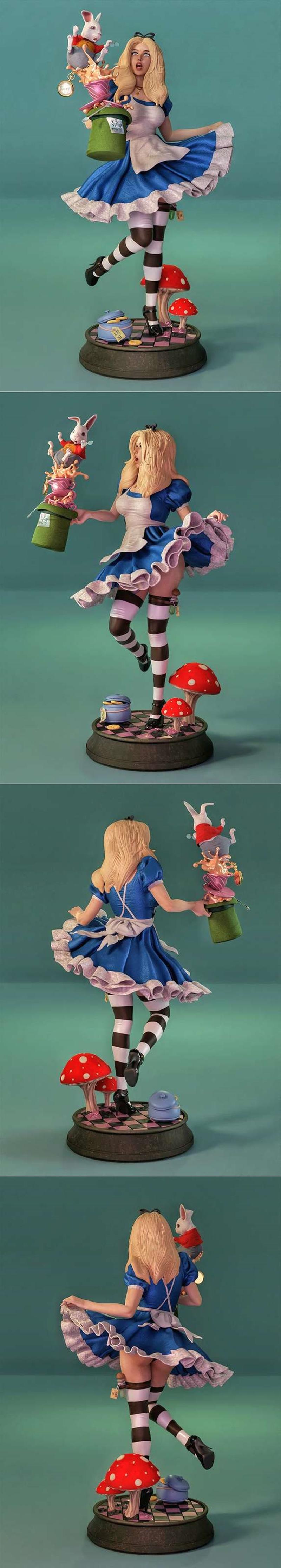3D model figure of Alice in Wonderland, wearing a blue dress and striped stockings, holding a stack of teacups with a...