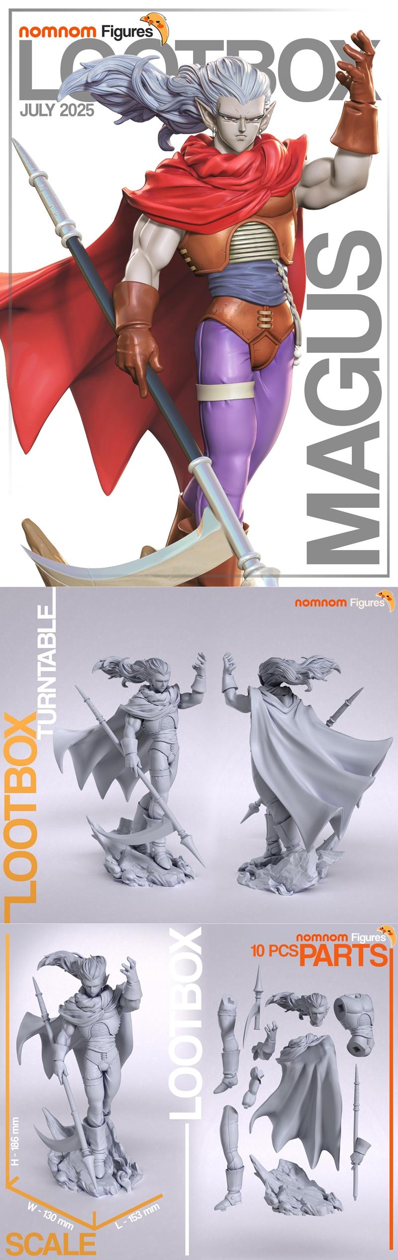 3D model of Magus from Chrono Trigger by Nomnom Figures, holding a scythe, wearing a red cape and purple pants.