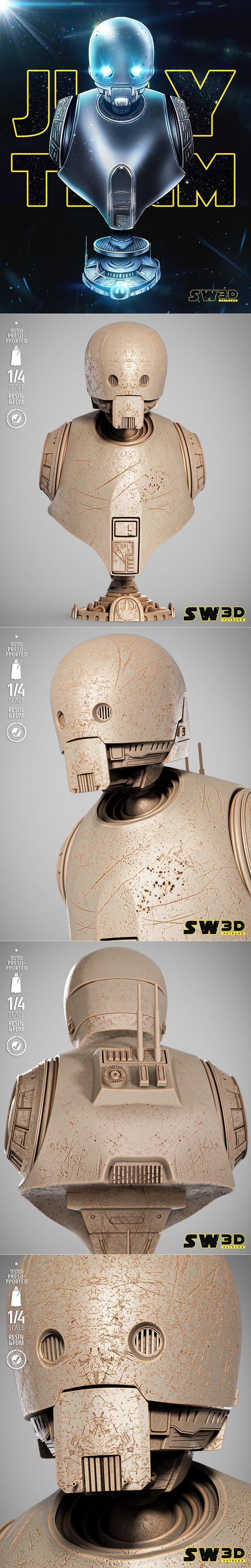 3D print model bust of the droid K2SO from Star Wars, showing head and torso with weathered metallic texture, 1/4 scale.