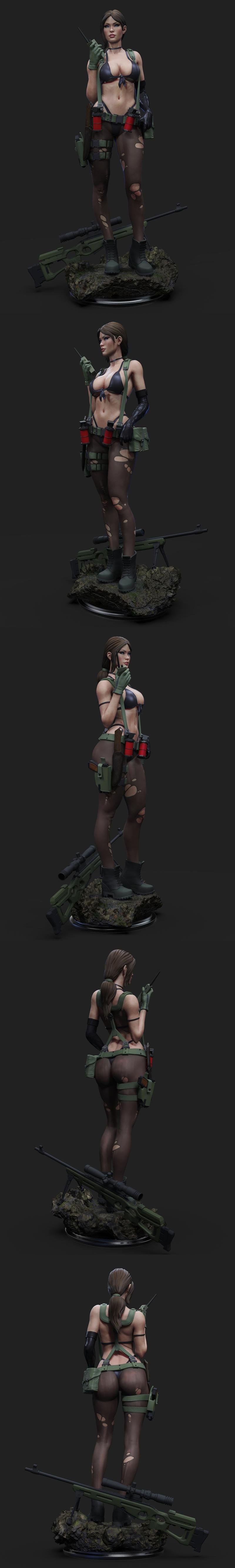 3D model of Quiet from Metal Gear Solid, wearing bikini and torn stockings, holding a radio, with a sniper rifle on a...