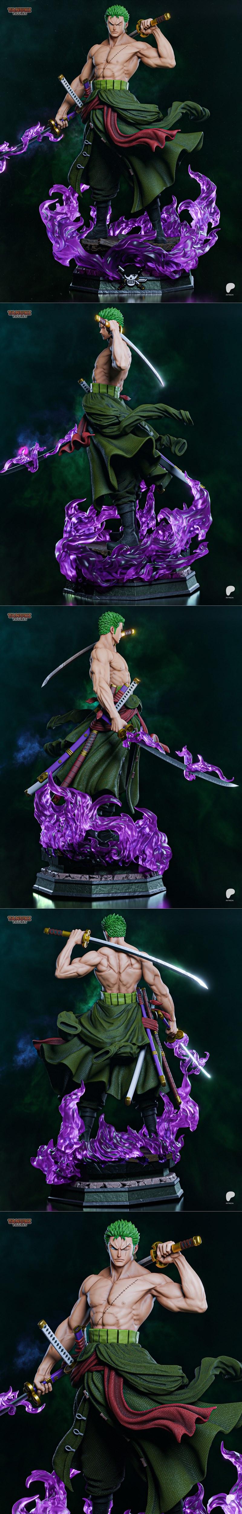 Roronoa Zoro from One Piece striking a combat pose with three swords, surrounded by purple energy effects. Tanuki Fig...