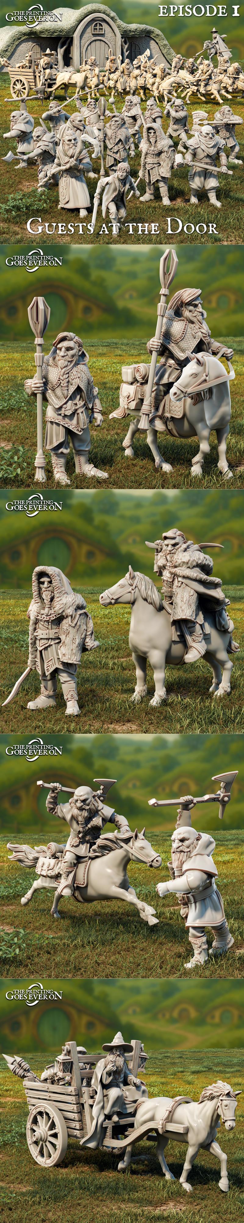 3D printable fantasy figures: dwarves with axes and staffs, a hooded swordsman, mounted horse riders, and a wizard in...