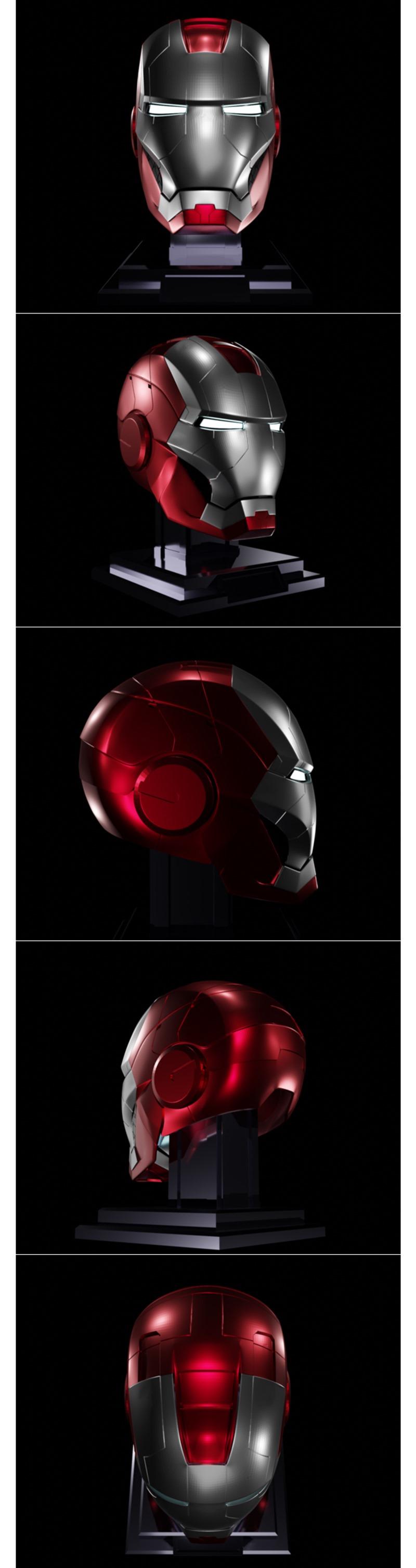 Metallic red and silver Iron Man Mark V helmet with glowing white eye slits, displayed on a black stand.