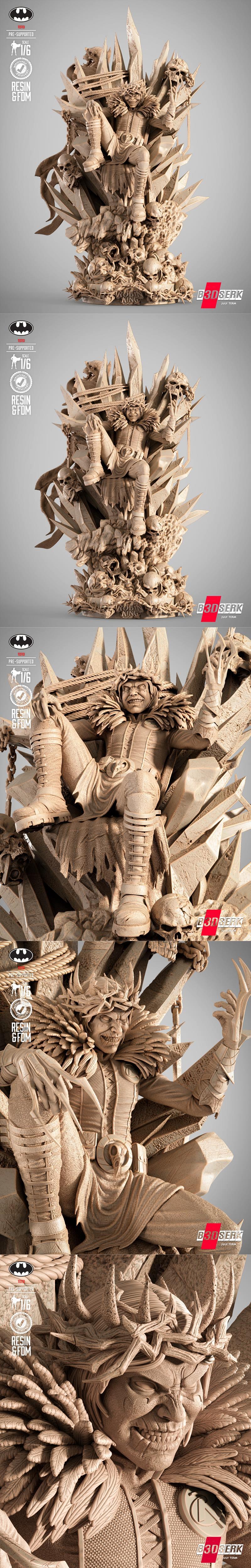 1/6 scale 3D print model of the Robin King from DC Comics, seated on a throne of skulls and sharp crystals, by B3DSERK.