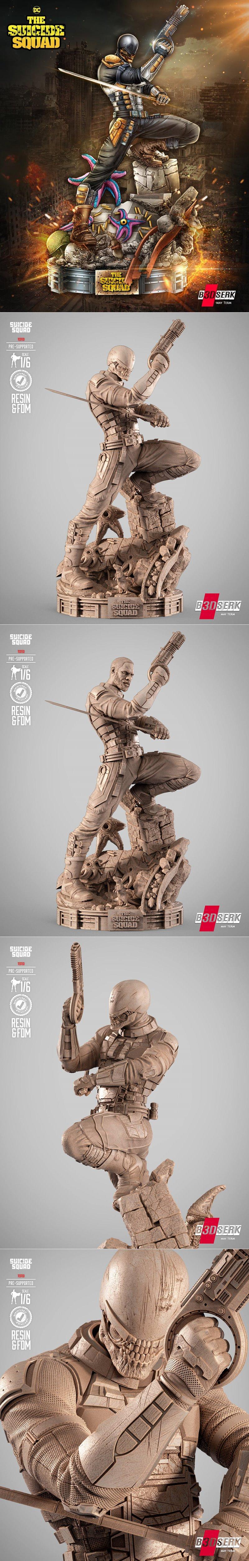 3D print model of Bloodsport from The Suicide Squad, in a dynamic action pose with a gun and sword, wearing tactical...