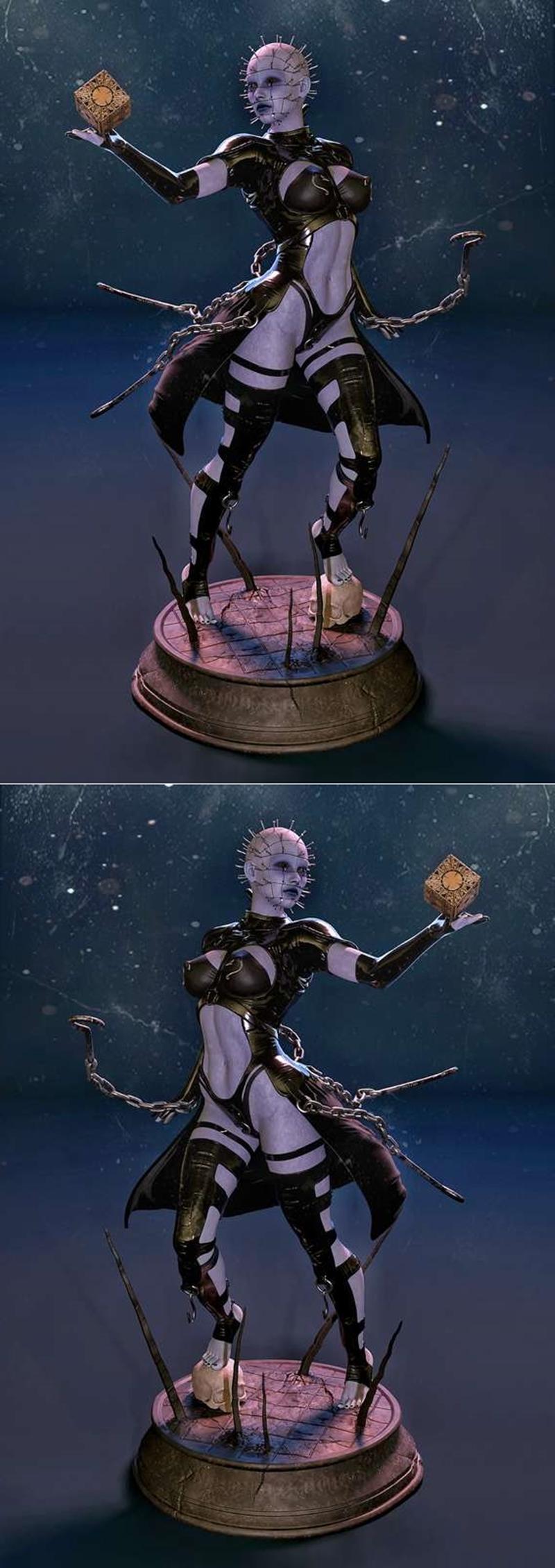 Female Pinhead figure with pins on head, wearing revealing black leather outfit, holding Lament Configuration puzzle...