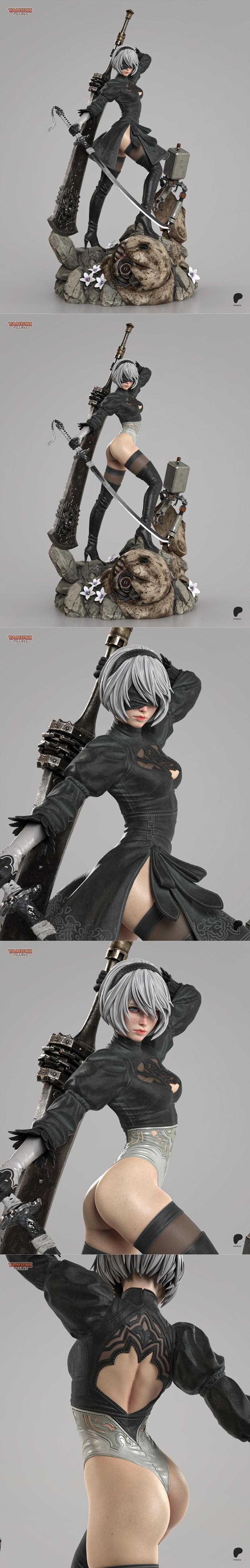 3D model of 2B from Nier: Automata, wearing a black leotard and boots, holding a large sword, posed on a rocky base.