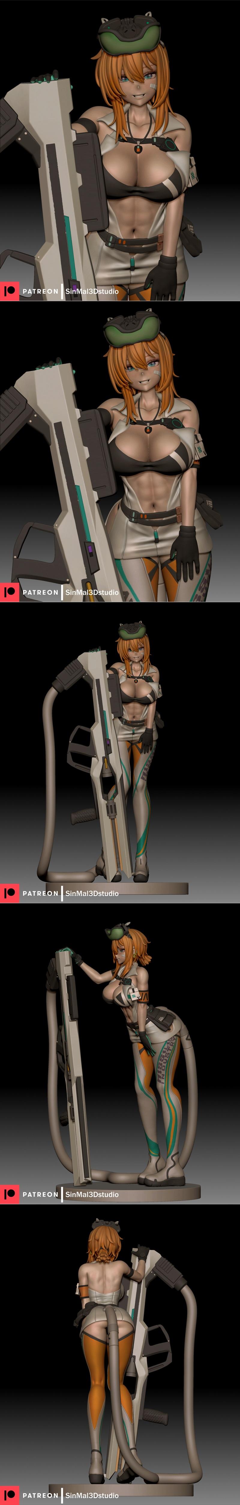 3D model of NIKKE character Maxwell, a female figure with orange hair, wearing a revealing sci-fi outfit and holding...