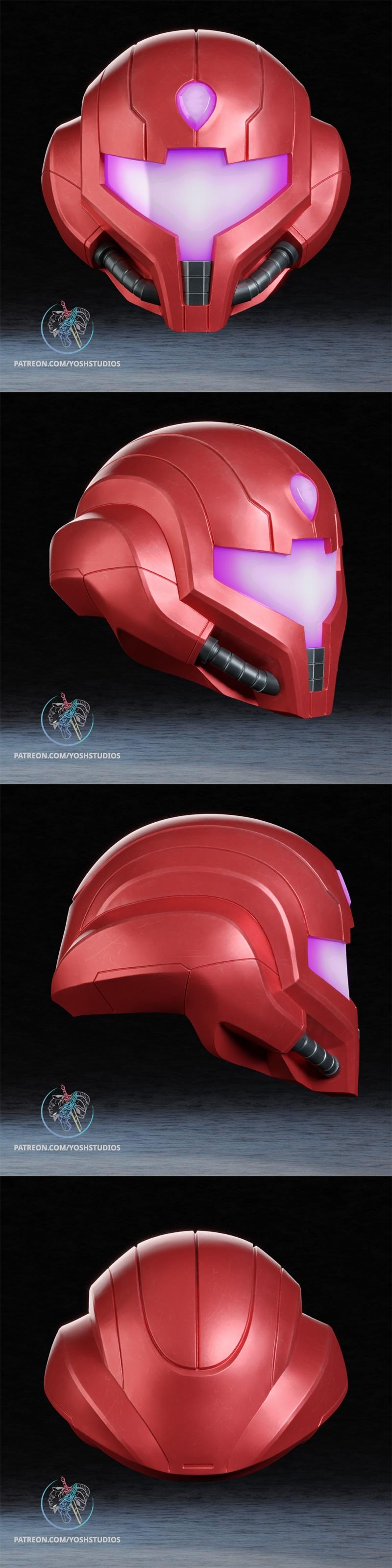Red Samus Aran helmet with glowing purple visor, detailed segmented plating, and side vents. 3D model by Yoshstudios.