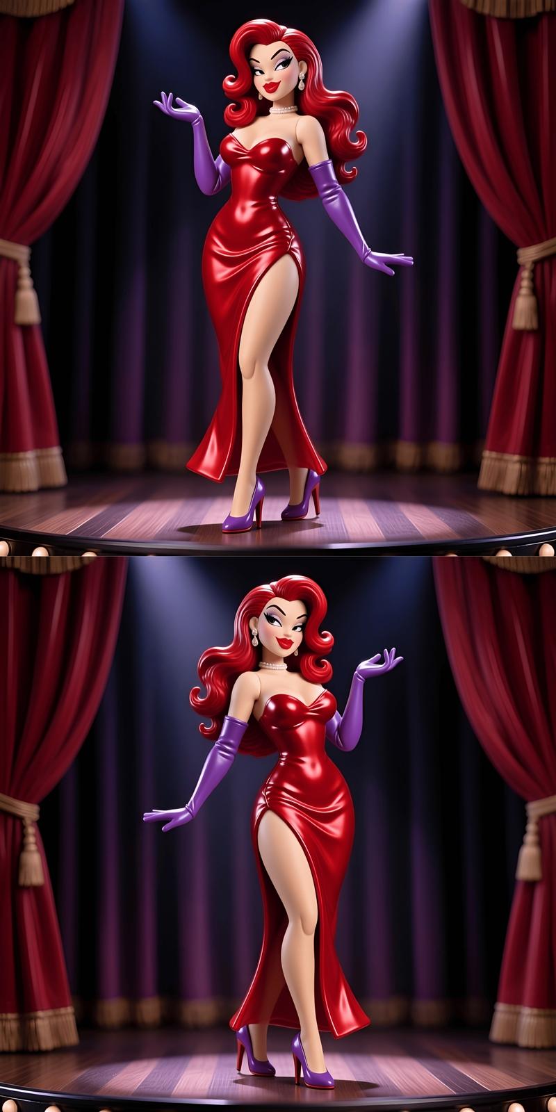 Jessica Rabbit 3D model in a red sequined gown and purple gloves, posing on a stage with red curtains.