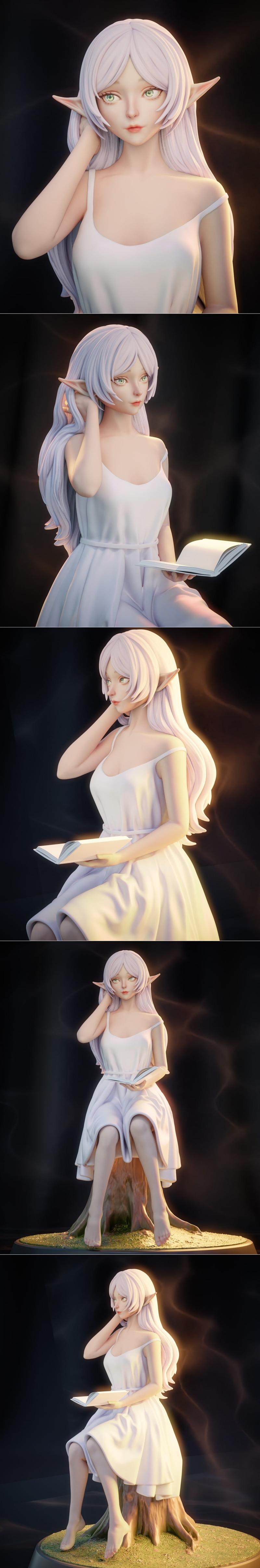 3D model figure of Frieren from Frieren: Beyond Journey's End, seated on a tree stump, wearing a white dress and hold...