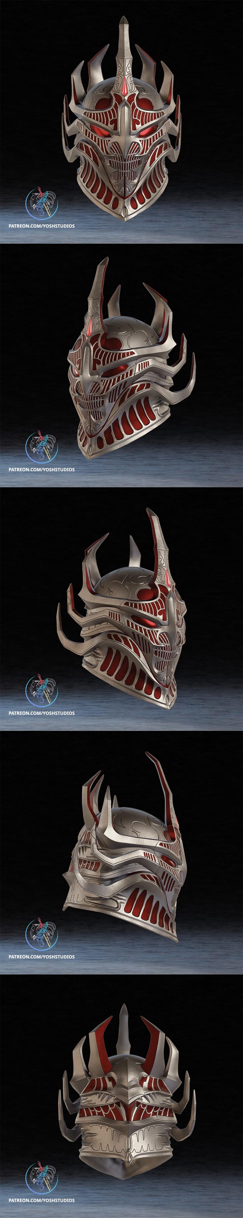 Detailed 3D model of a Daedric Helmet, featuring silver metallic finish with red accents, sharp horns, and intricate,...