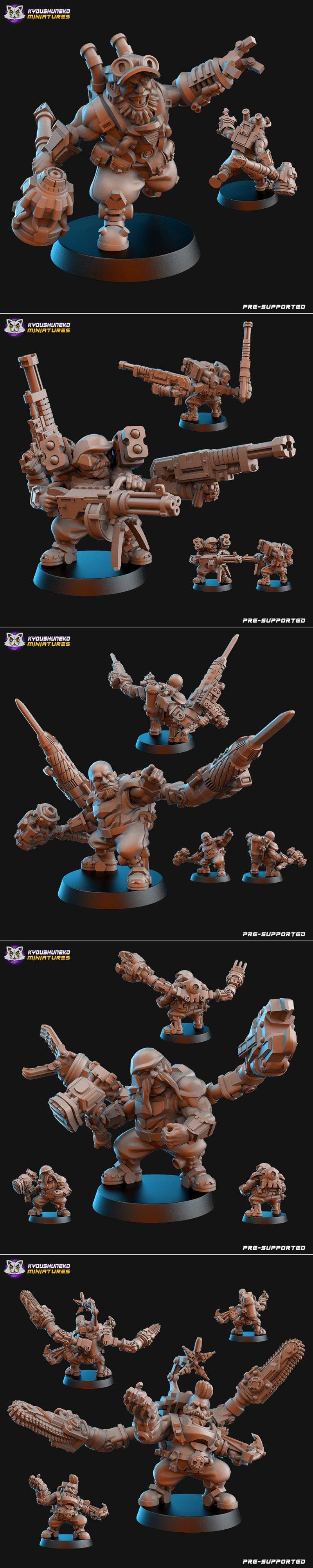 3D printable STL models of heavily armored sci-fi dwarves with mechanical arms and weapons, including chainswords and...