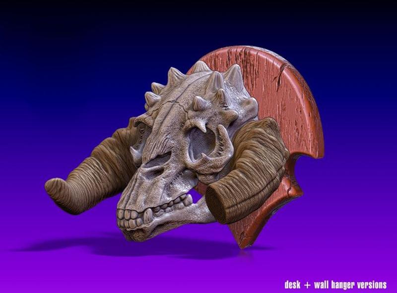 3D model bust of a Tauntaun Skull from Star Wars, mounted on a wooden plaque with horns. Includes desk and wall hange...
