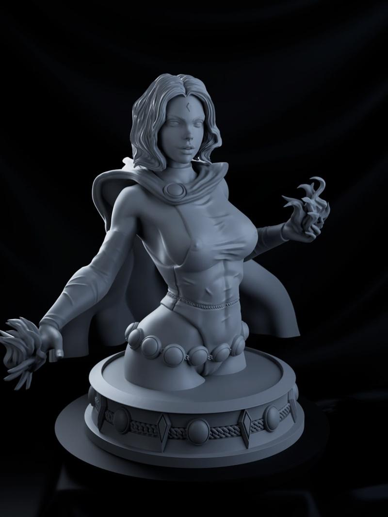3D printable bust of Raven from DC Comics, sculpted by BrunoArt3D. She wears a cape and has a muscular physique, hold...