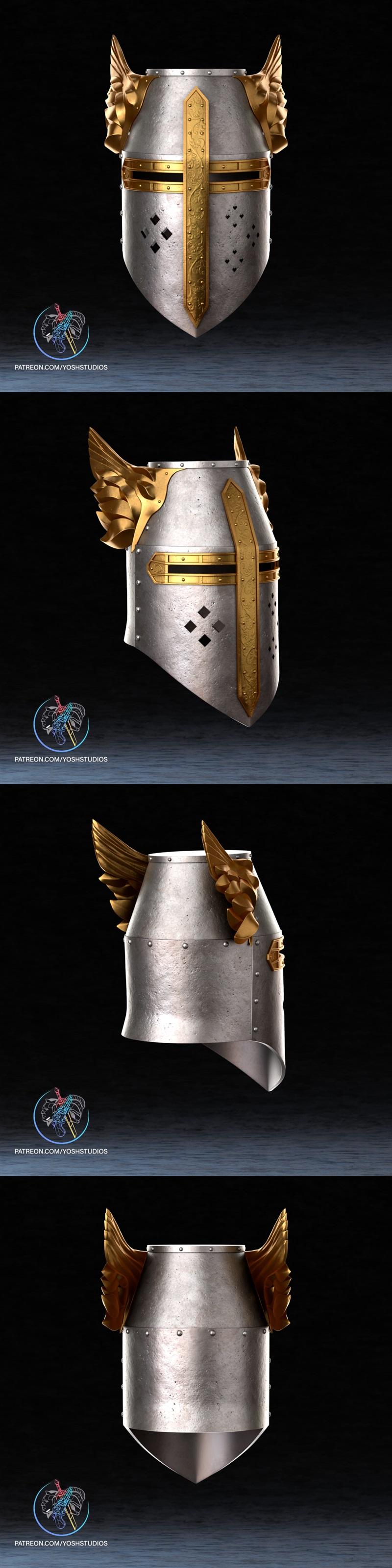 3D render of the Oblivion Crusader Helmet, a silver medieval helmet with gold trim, a cross emblem, and stylized wing...