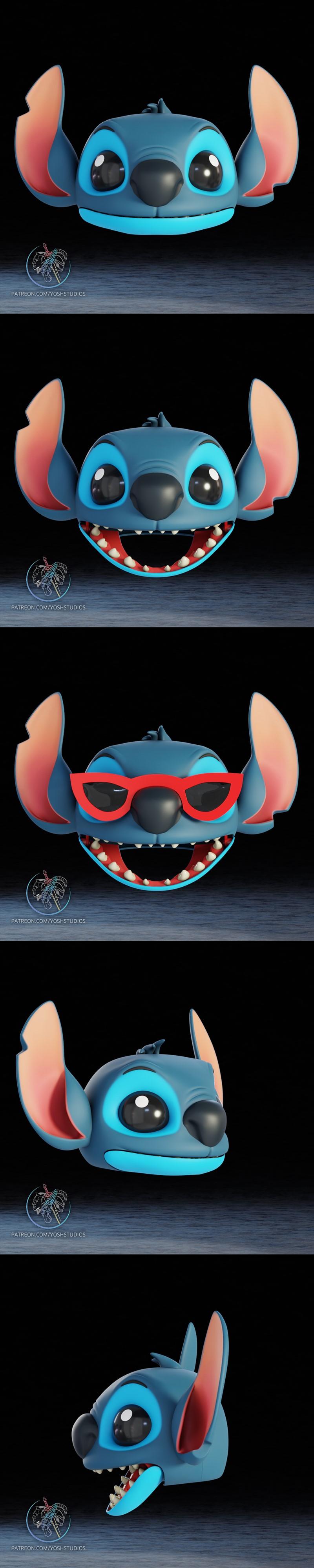 3D model mask of Stitch from Lilo & Stitch, shown with and without red sunglasses, and with an open mouth.