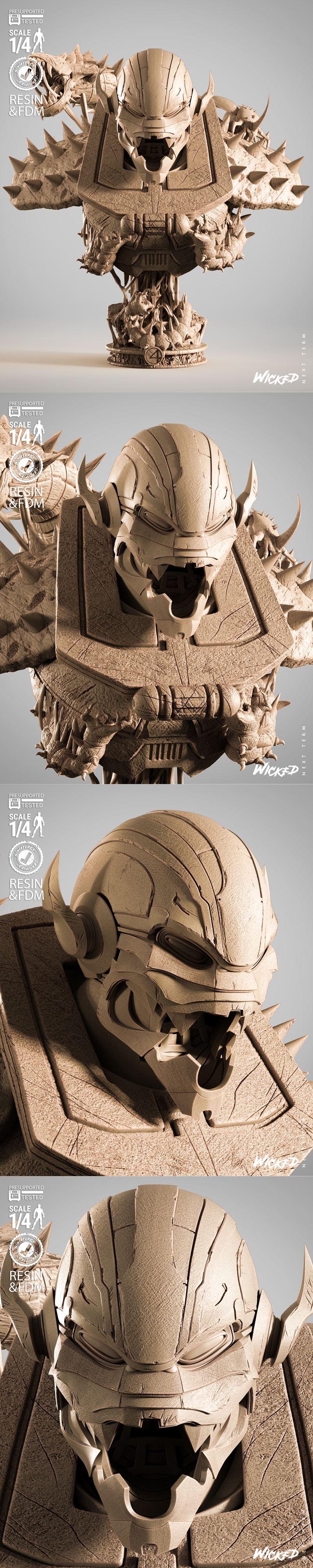 WICKED Annihilus portrait bust 3D model, 1:4 scale, featuring intricate armor, spikes, and a monstrous face.