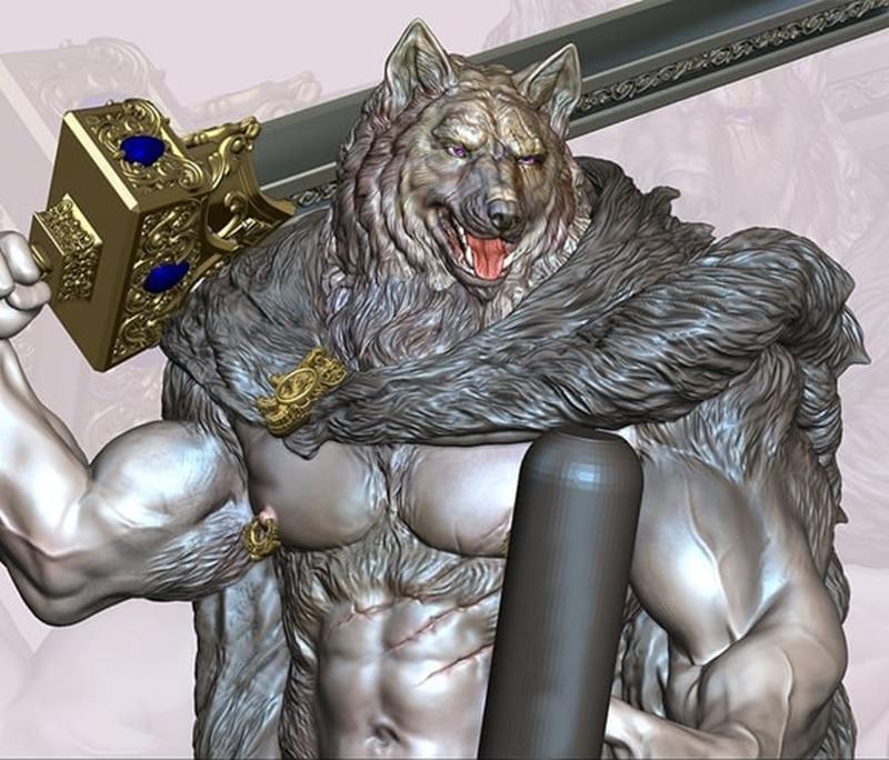 3D model of Blaidd from Elden Ring, a muscular werewolf warrior holding a large ornate sword over his shoulder. He we...