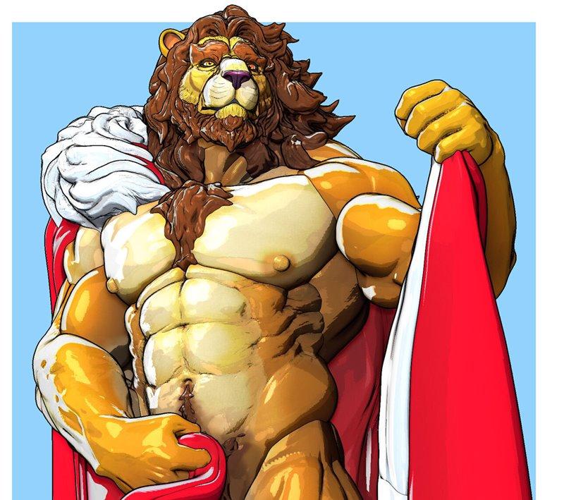 Muscular anthropomorphic lion character 'The King' wearing a red and white cape, holding a portion of the fabric. Sty...