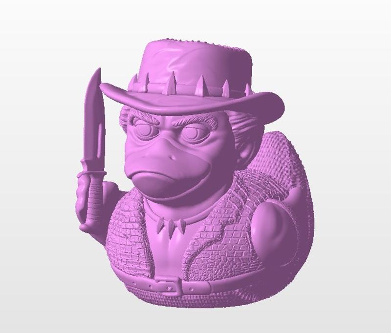 3D model of Dundee Duck, a duck character wearing a hat and adventurer's vest, holding a knife. Textured details on c...