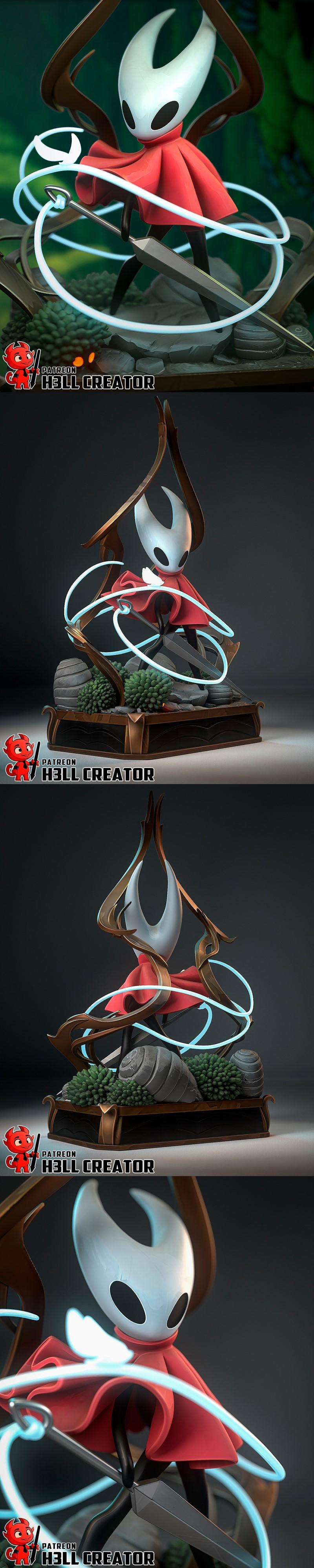 Hornet from Hollow Knight in a dynamic pose, wielding a needle weapon with blue energy swirls, on a detailed base wit...