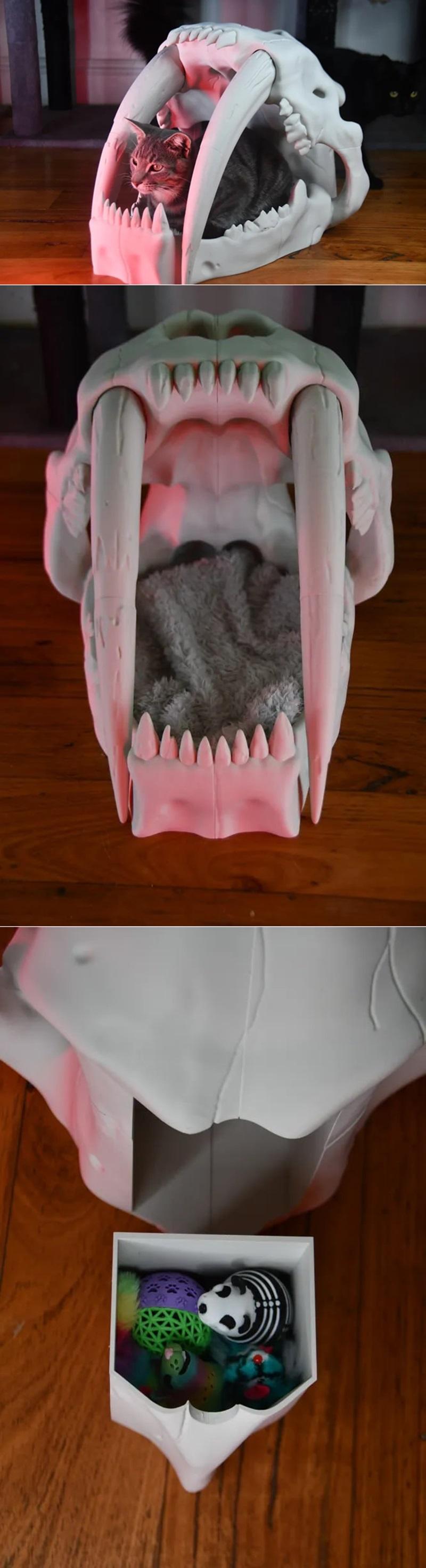 3D printed Saber Tooth Tiger skull pet bed with a tabby cat inside, showing large fangs and a soft interior.