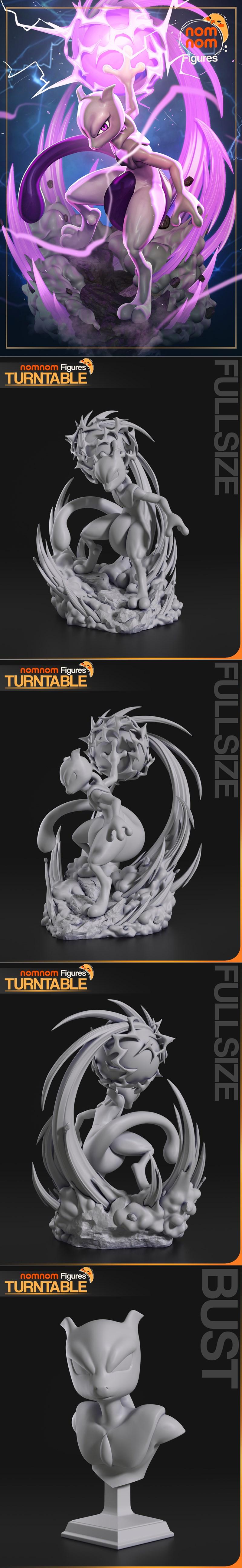Nomnom Figures 3D model of Mewtwo from Pokemon, shown in a dynamic full-size figure with energy effects and as a sepa...