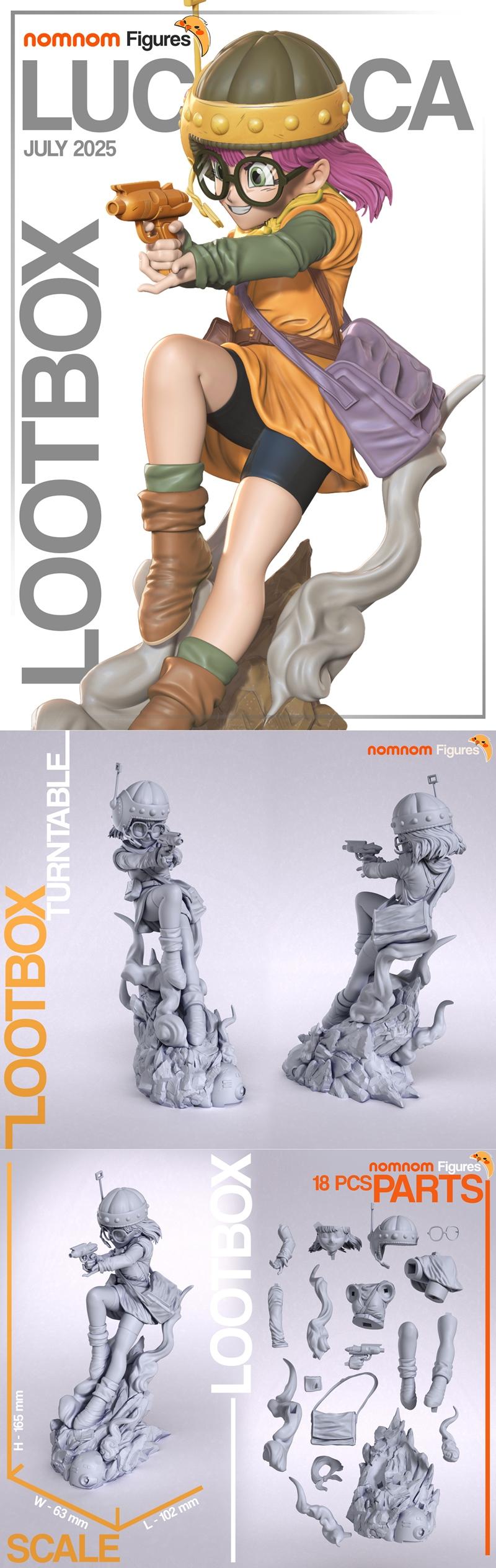 3D model of Lucca from Chrono Trigger by Nomnom Figures, holding a pistol, wearing goggles and a yellow tunic, posed...