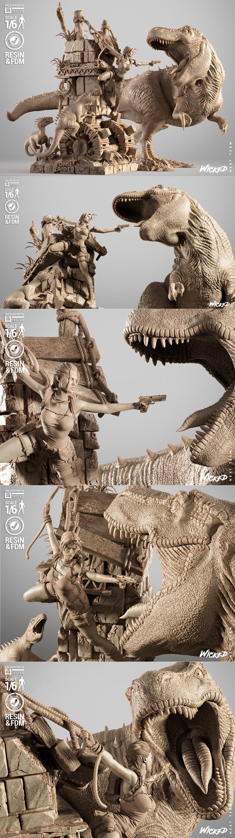 1/6 scale 3D print diorama of Lara Croft fighting a T-Rex and raptors in ancient ruins, holding a pistol and bow.